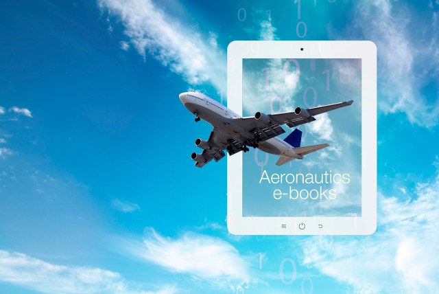 Aeronautics Ebooks (plane flying out of an electronic reader).