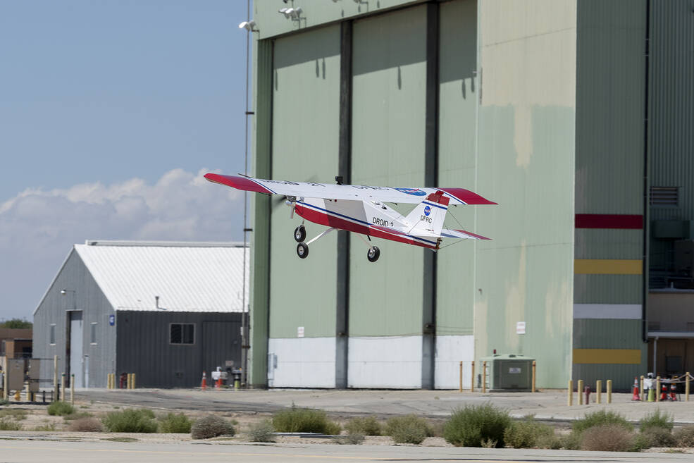 A remotely piloted drone takes off for a wind study mission.