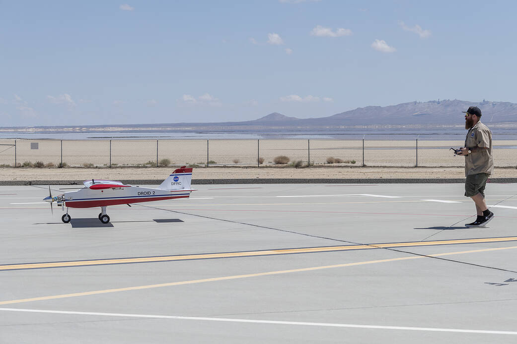 Justin Hall lands the DROID 2 aircraft at NASA's Armstrong Flight Research Center in Edwards, California, as part of the Advanced Exploration of Reliable Operation at Low Altitudes: Meteorology, Simulation, and Technology campaign.