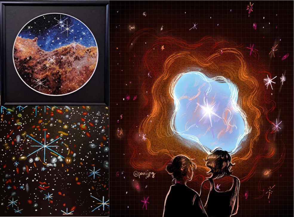 A collage of three pieces of artwork inspired by science imagery taken by the James Webb Space Telescope.