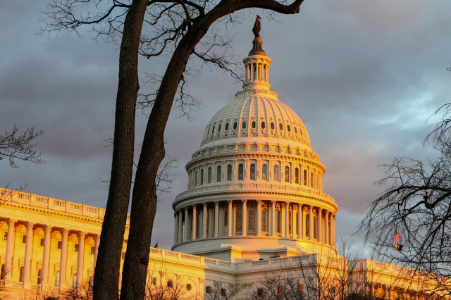 The U.S. Capitol building at sunset.