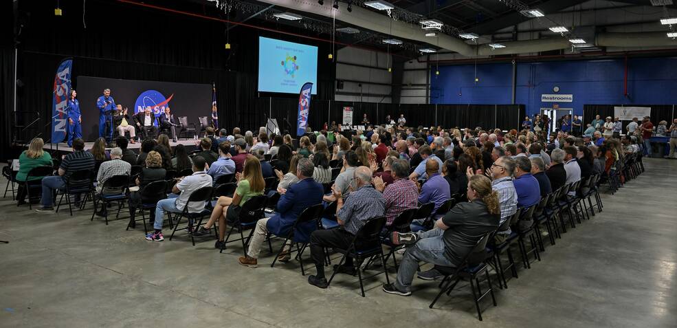 Astronaut candidates visiting Marshall Space Flight Center take questions from a large crowd of team members at the centers Safety Day on Sept. 14 in Activities Building 4316.