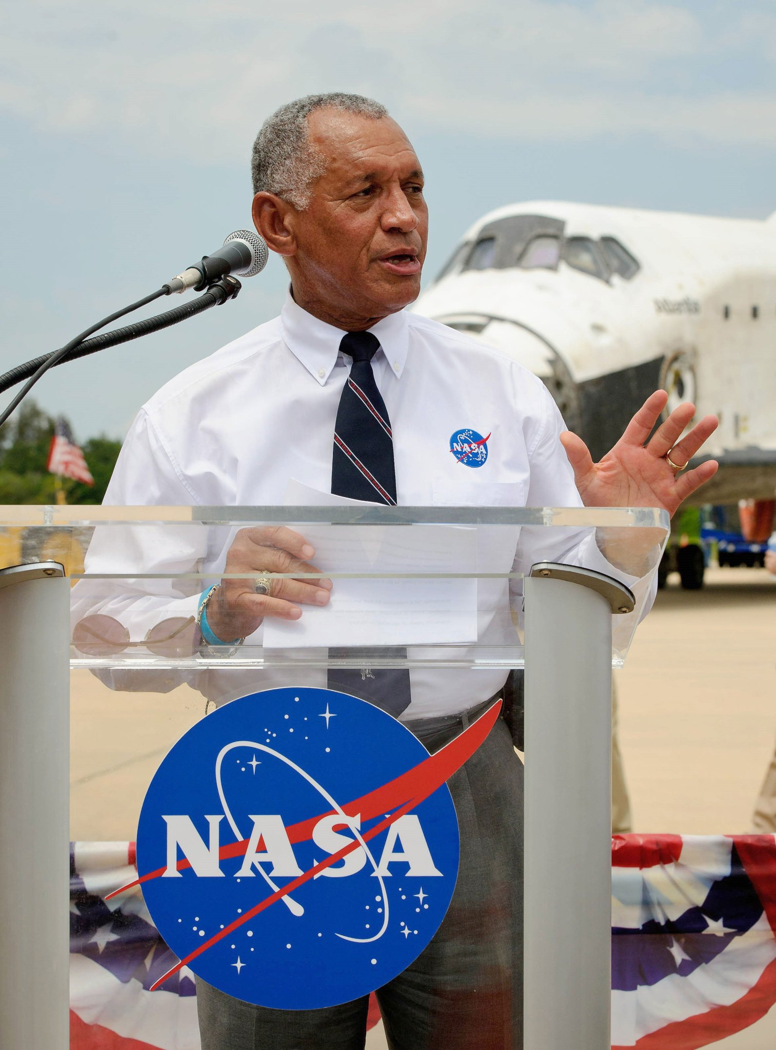 Former Kennedy Space Center Director Charles Bolden speaks during a media event at the Shuttle Landing Facility.