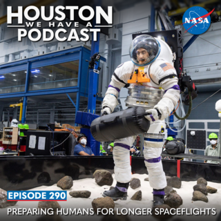 Houston We Have a Podcast: Ep. 290: Preparing Humans for Longer Spaceflights A volunteer from NASA's Artemis Extravehicular Activity training group moves an object while in a spacesuit connected to NASA's Active Response Gravity Offload System.
