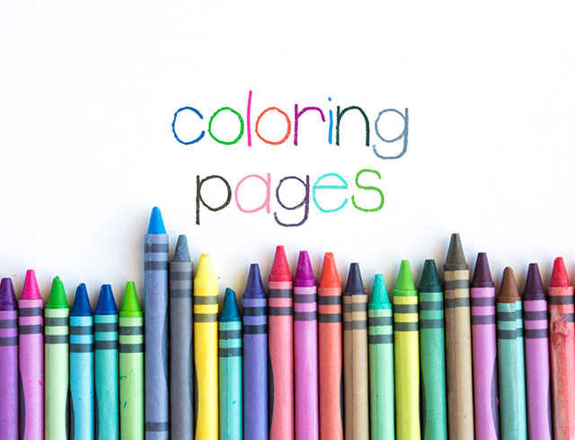 The words "coloring page" written on a white background with a row of crayons in various colors on the bottom.