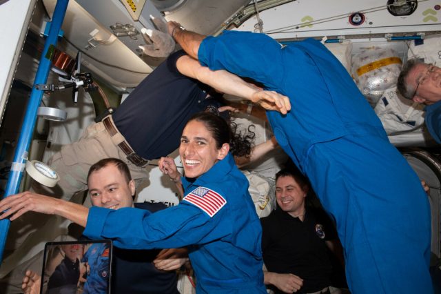 NASA astronaut and Crew-7 Commander, Jasmin Moghbeli, poses for a photo in the first moments the Crew-7 quartet is onboard the International Space Station.
