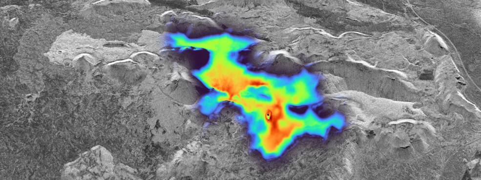 An example of the DLR airborne radar data shows elevation change of several tens of yards around the volcanically active Litli-HrÃºtur volcano caused by the creation of new rock. The red indicates the most change; blue, the least.