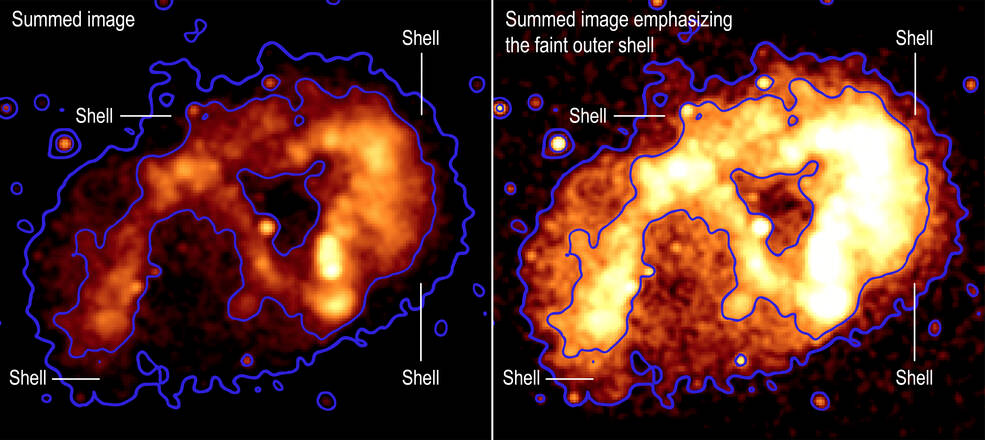 A faint X-ray shell of the Eta Carinae system is highlighted in this graphic showing the summed image. The image on the left emphasizes the bright X-ray ring, and the image on the right shows the same data but emphasizing the faintest X-rays.
