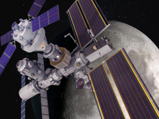 A close-up illustration of the Gateway space station with the Moon in the back on a starry background.