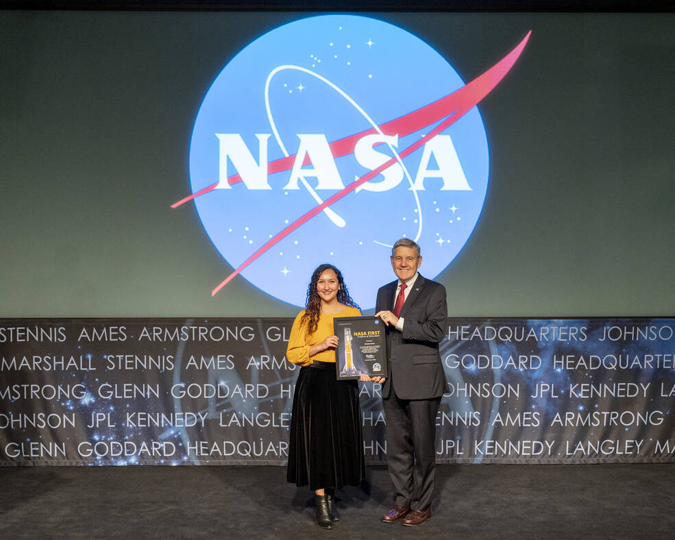 Marissa Garcia, a combustion devices engineer at NASAs Marshall Space Flight Center, with NASA Associate Administrator Robert Cabana, graduates from the agencys FIRST program in December 2022.