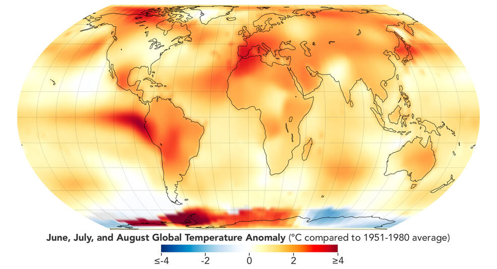 Este mapa representa las anomalí­as de las temperaturas globales para el verano meteorológico del hemisferio norte (junio, julio y agosto) de 2023. Muestra cuánto más cálidas o frÃ­as fueron las diferentes regiones de la Tierra en comparación con la media de referencia, que abarca desde 1951 hasta 1980. 