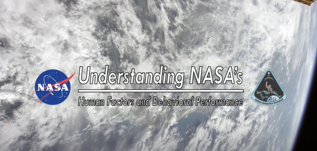 Earth is shown in the background. The NASA logo is to the left of the image, the HRP logo to the right. In the center, text reads, "understanding NASA's Human Factors and Behavioral Performance."