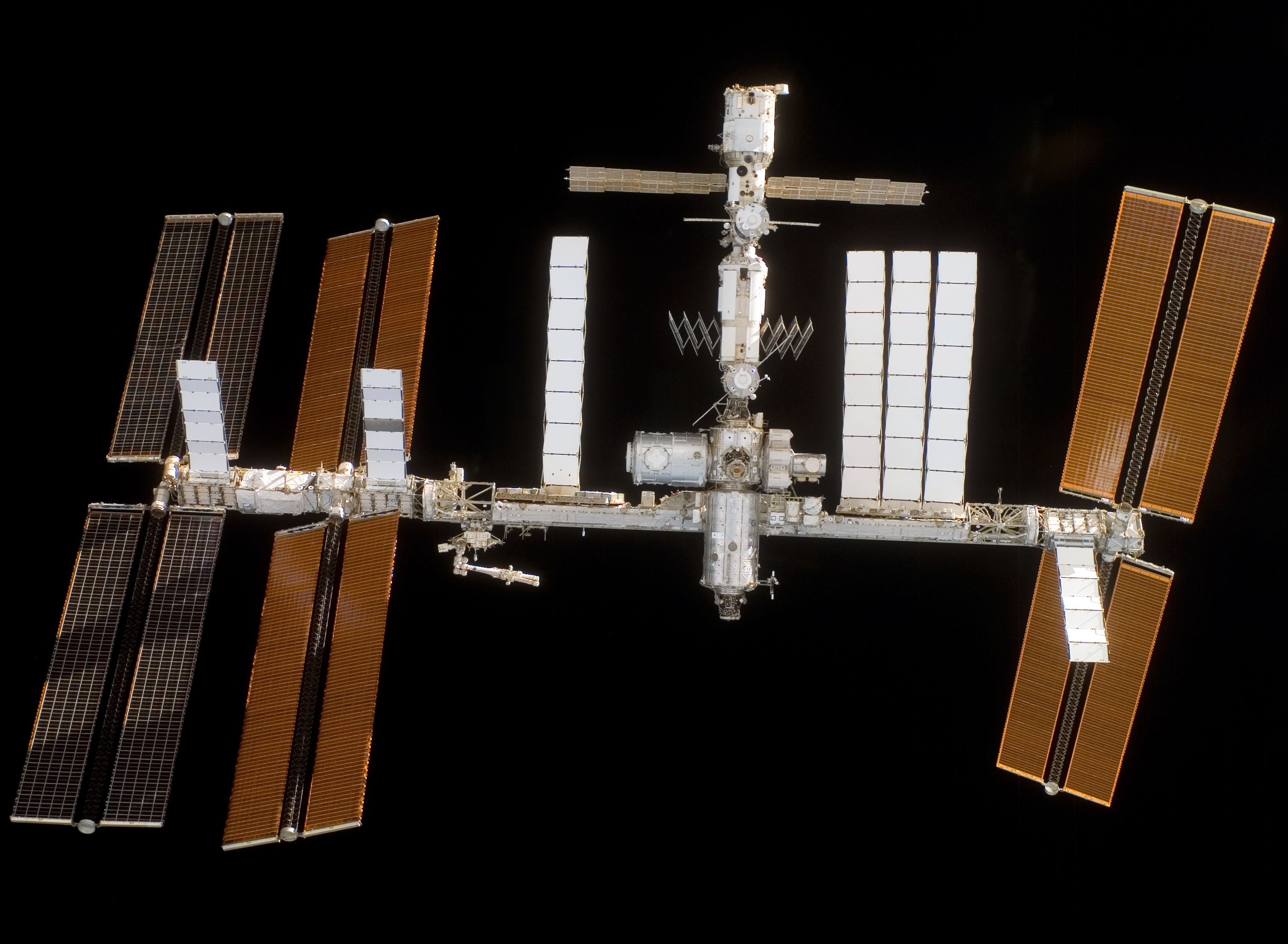 The space station as seen from STS-120 departing, showing the newly delivered Harmony Node 2 module