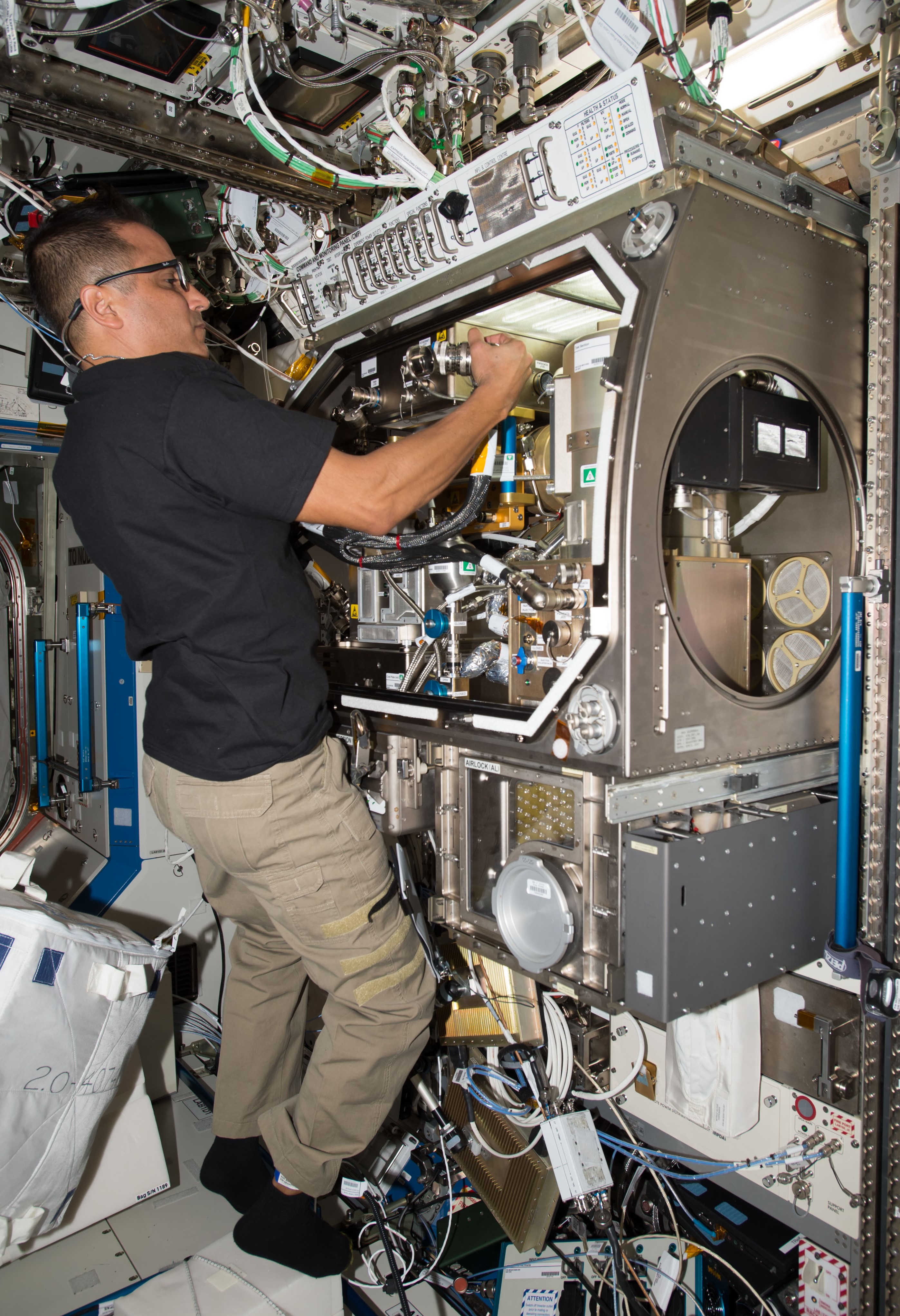 NASA astronaut Joseph M. Acaba conducting an experiment in the Microgravity Sciences Glovebox.