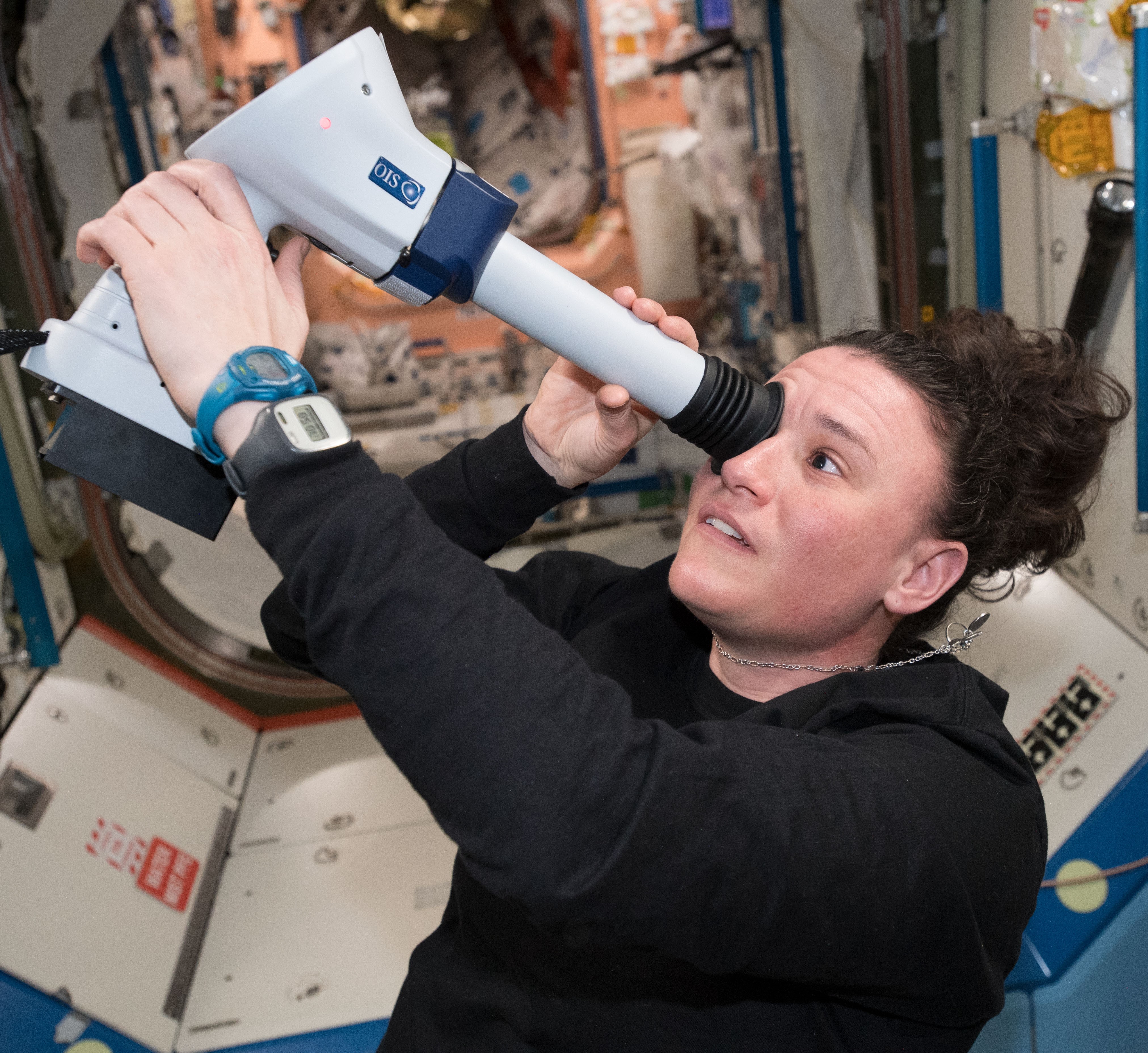 NASA astronaut Serena M. Auñón-Chancellor completing a session of the Eye Exam