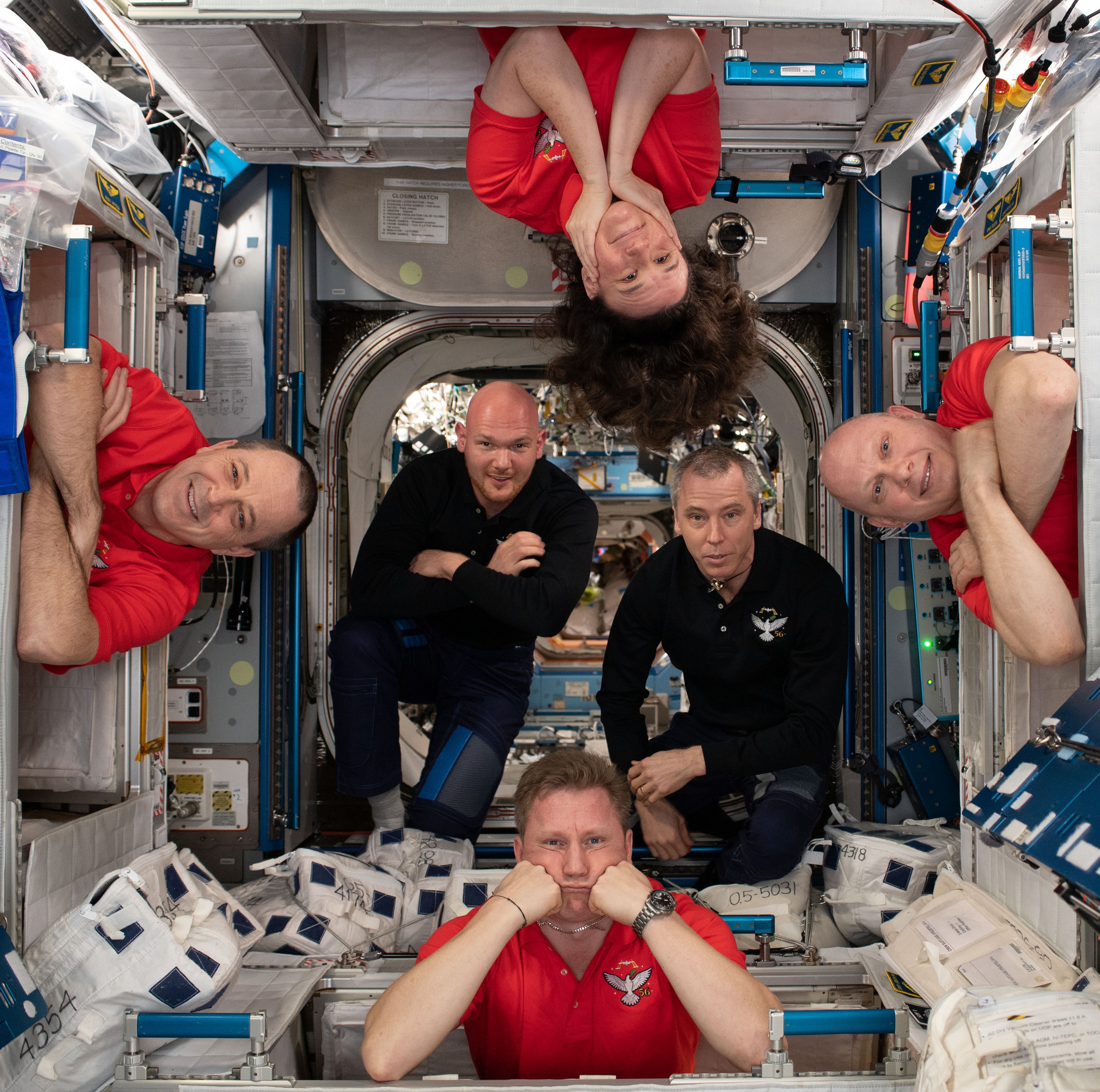 NASA astronaut Serena M. Auñón-Chancellor posing with her Expedition 56 crewmates in the Harmony Node 2 module.