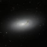 A large lenticular galaxy appearing as faint, gray, concentric ovals that grow progressively brighter towards the core and fades away at the edge. Two threads of dark reddish-brown dust cross the galaxy’s disk, near its center. Black background.