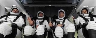 All 4 Crew 6 astronauts are seen inside the SpaceX Dragon Endeavour spacecraft onboard the SpaceX recovery ship MEGAN shortly after having landed in the Atlantic Ocean