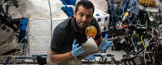 This floating sphere stands in for a spacecraft fuel tank as UAE astronaut Sultan Alneyadi works on FLUIDICS.