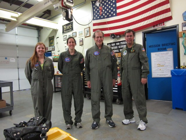 NASA immunologists and Twins Study investigators from Johns Hopkins Medicine test pipetting and cell isolation techniques in simulated microgravity on a parabolic flight analog. From left to right, Hawley Kunz, Lindsay Rizzardi, Dr. Andy Feinberg, Brian Crucian.