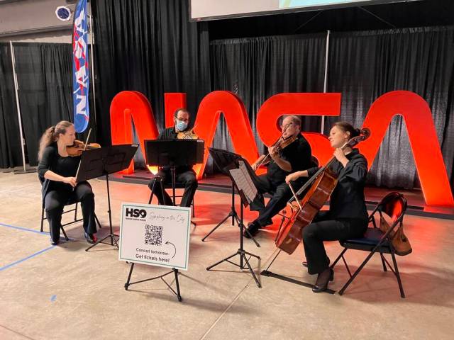 A string quartet of musicians from the Huntsville Symphony Orchestra performs in Marshalls Activities Building 4316 on Sept. 21. The musicians are, from left, Jennifer Whittle, Joe Lester, Charles Hogue, and Ariana Arcu.