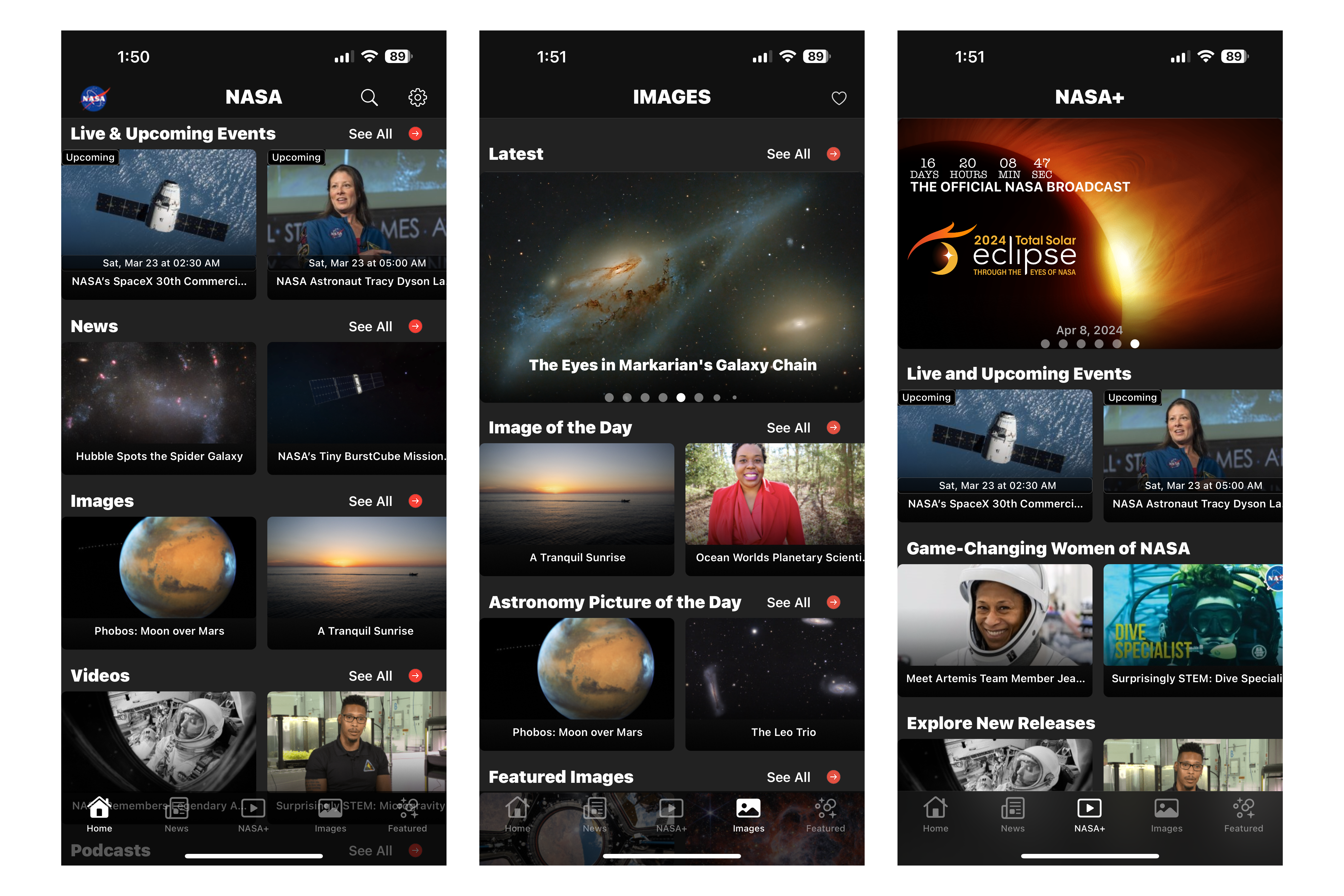 Three screenshots of the NASA app on iOS.
