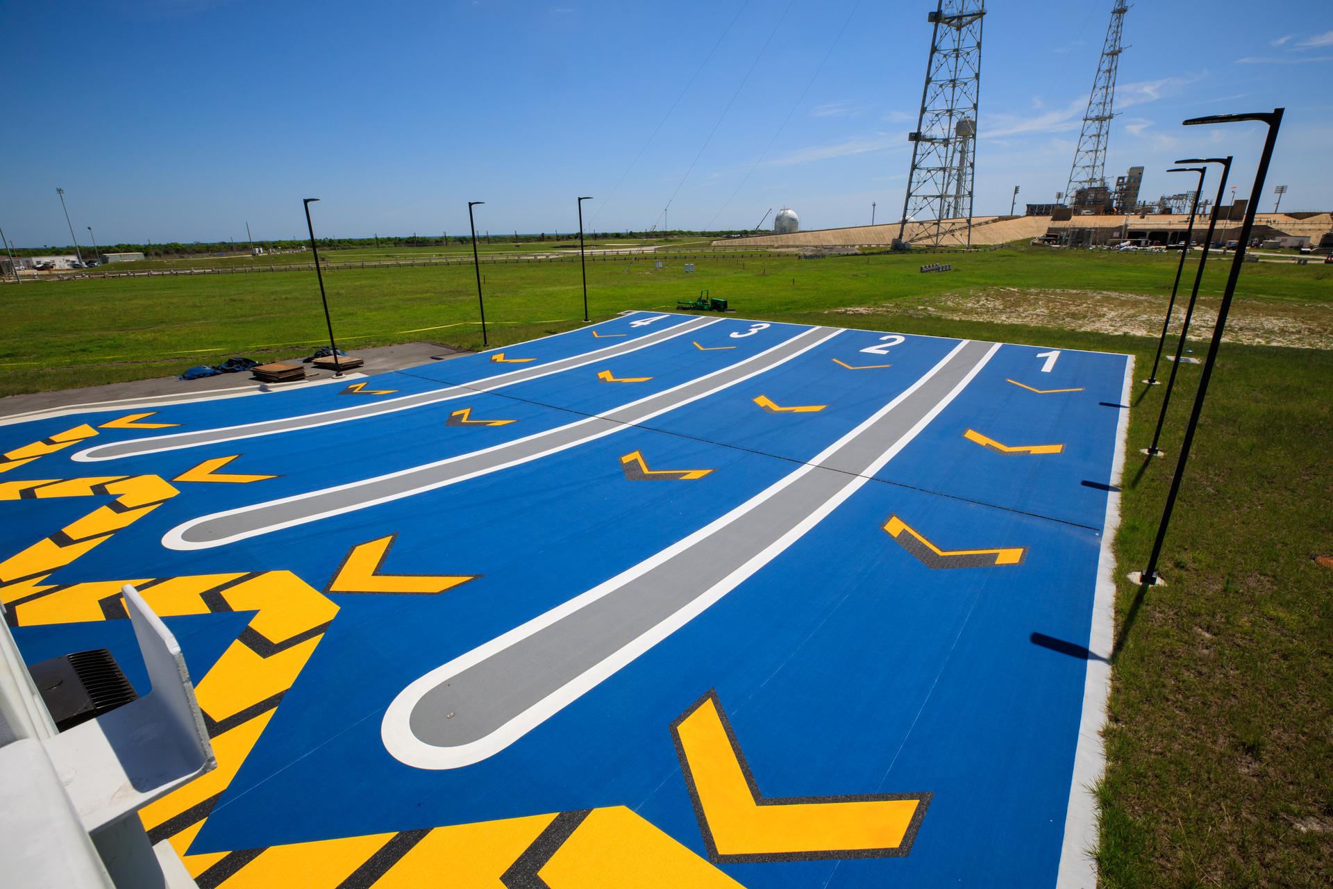 Pavement markings for the emergency egress system at Launch Complex 39B at Kennedy Space Center