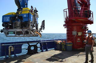 Loral O'Hara is pictured on the recovery ship used to hoist the remotely operated research submersible, Jason, out of the water. 