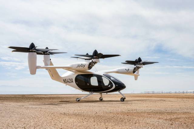 Joby Aviation's electric vertical takeoff and landing (eVTOL) aircraft is pictured at Edwards Air Force Base in Edwards, California.