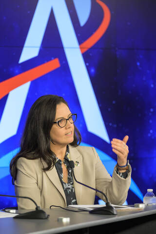 Chief Flight Director Emily Nelson answers questions at the Artemis I post-splashdown news conference.