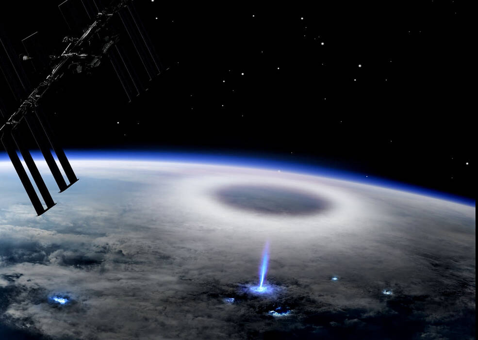 In an artist's conception of a blue jet as observed from the space station, the Earth appears in the lower half of the image with a blue light extending into the atmosphere, which glows with a circular light. The station appear in the upper left.