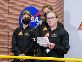 CHAPEA Commander, Kelly Haston, shares a few words at the ingress ceremony shortly before she and three other crewmates entered the simulated Mars habitat they will live and work in for one year.