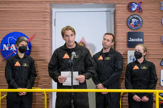 CHAPEA Flight Engineer, Ross Brockwell shares a few words at the CHAPEA ingress ceremony shortly before heading into the simulated Mars habitat where he and his three crewmates will spend a year living and working.