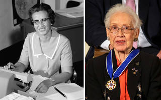 A side-by-side photo showing Katherine Johnson in 1966 and when she was awarded the Presidential Medal of Freedom in 2015.