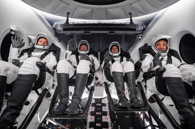 NASA's SpaceX Crew-7 crew members are photographed inside the Dragon Endurance spacecraft during a countdown dress rehearsal ahead of launch.