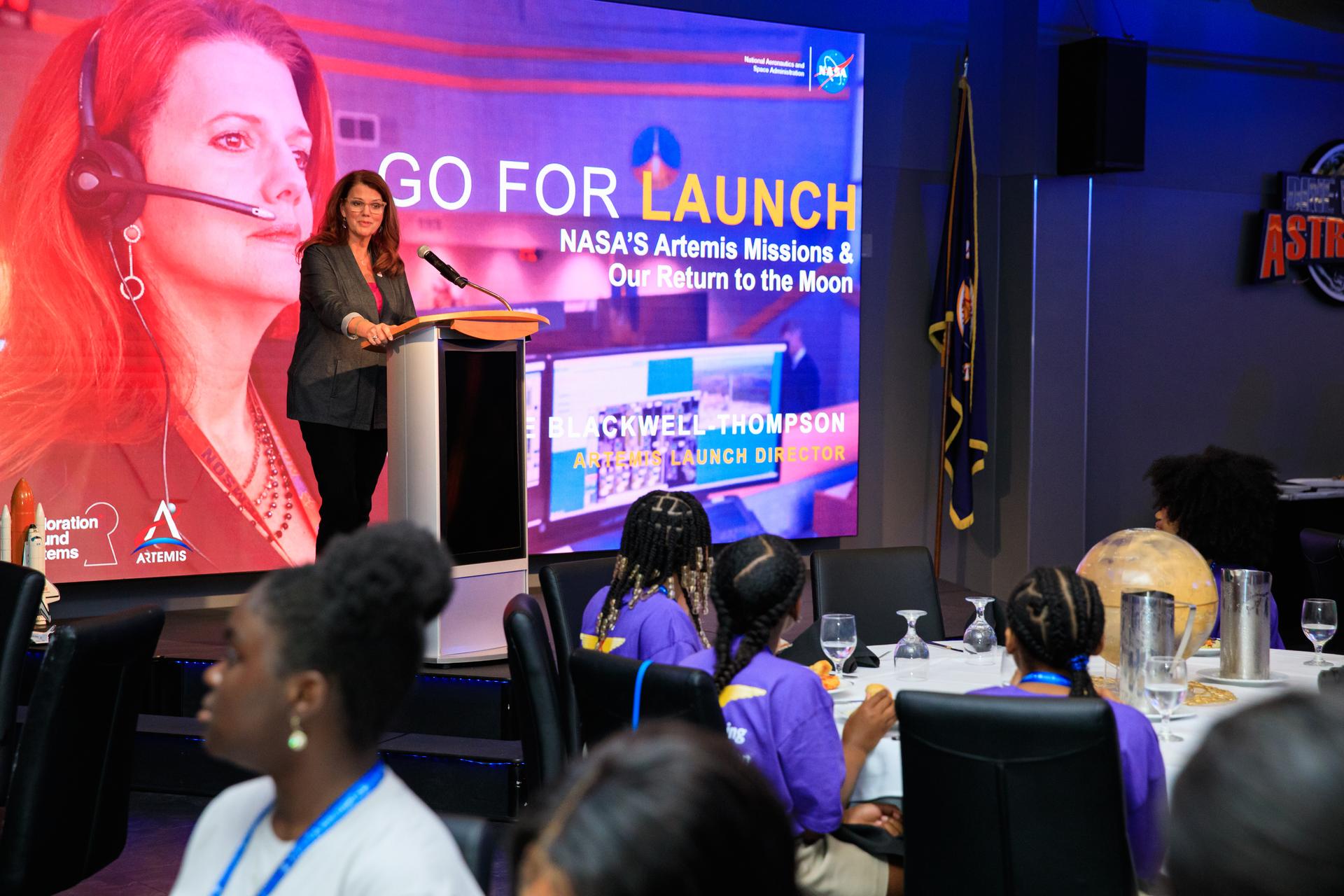 NASA Artemis Launch Director Charlie Blackwell-Thompson speaks to students from Delta Air Lines’ Women Inspiring Our Next Generation (WING) flight on Friday, Sept. 22, 2023, at Kennedy Space Center in Florida.