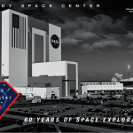 A poster showcasing the Vehicle Assembly Building in black and white for Kennedy Space Center's 60th anniversary.