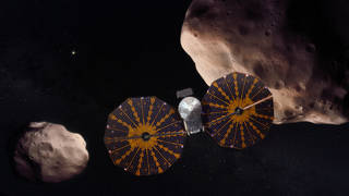 Houston We Have a Podcast: Ep. 289: Lucy Illustration of the Lucy spacecraft flying by an asteroid.