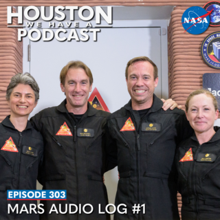 The CHAPEA Mission 1 crew stands in front of to the simulated Mars habitat they will spend one year in. From left is Anca Selariu, science officer; Ross Brockwell, flight engineer; Nathan Jones, medical officer; and Kelly Haston, commander.