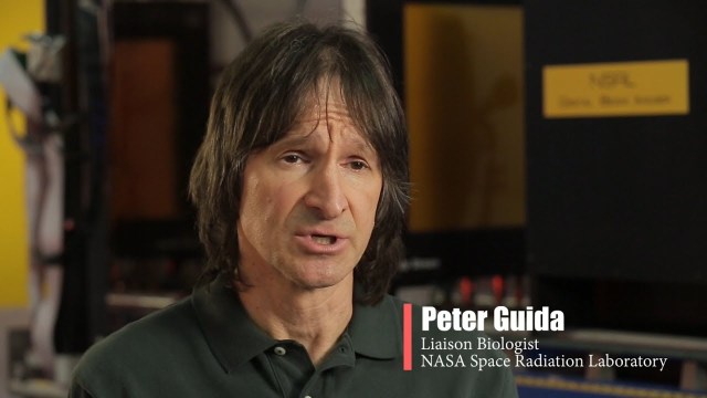 Peter Guida, Liaison Biology is shown speaking during a video series about NASA studying simulated space radiation.