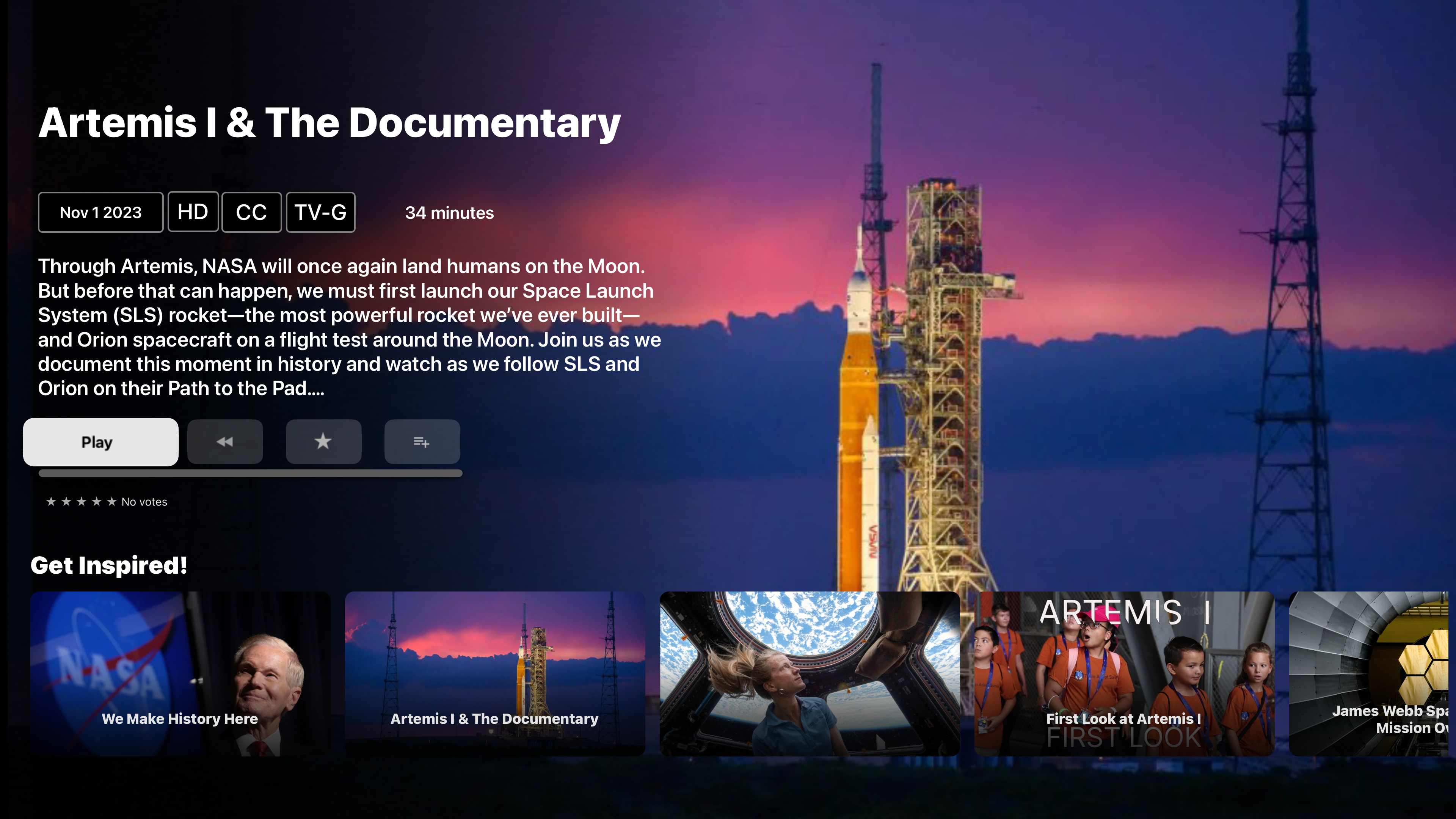Screenshots of the NASA App are seen from Smart TV's showing the interface for a documentary on NASA+