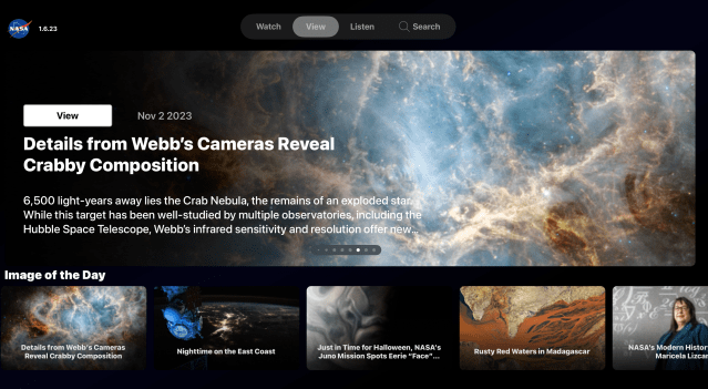 Screenshot of the NASA app on Apple TV showing the images section