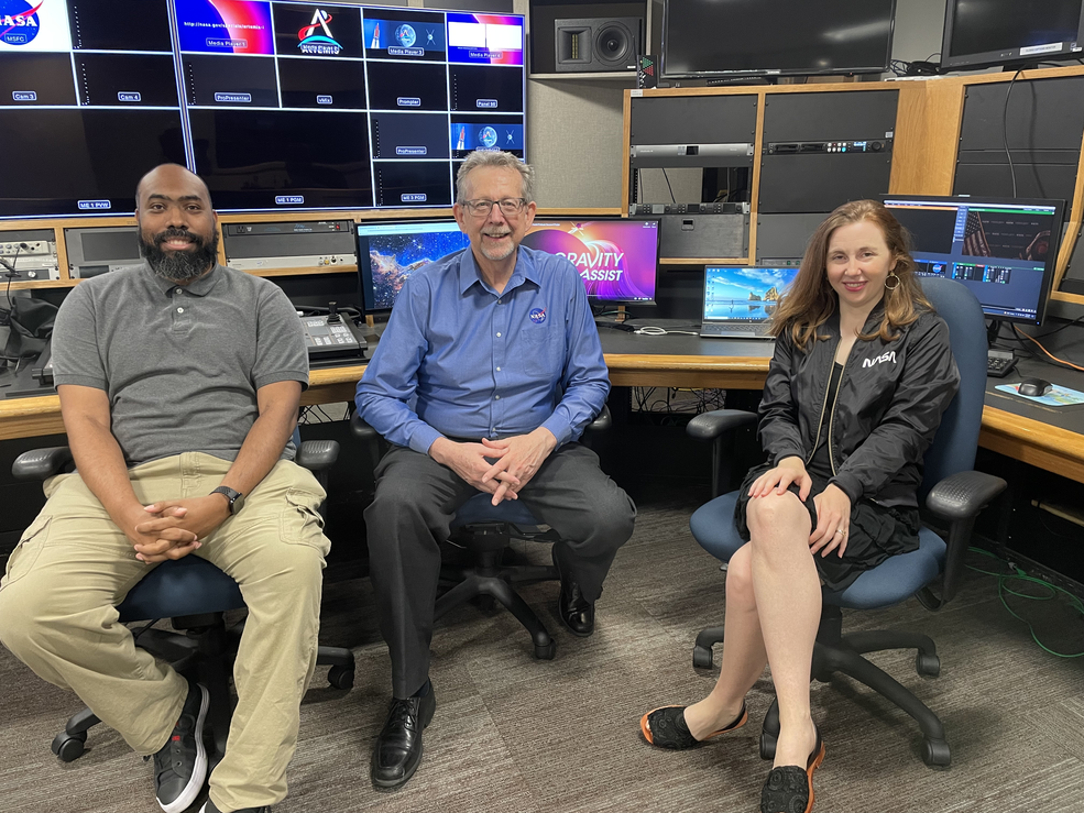 Manny Cooper, Jim Green, and Elizabeth Landau in the audiovisual studio at NASA Headquarters in Washington. 
