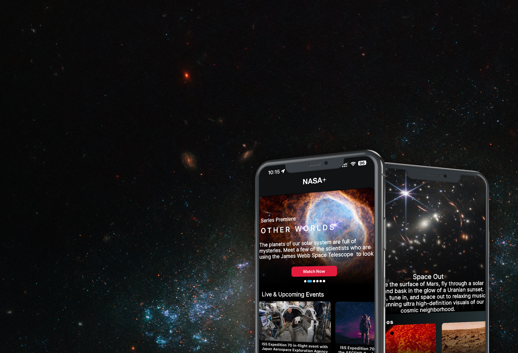 Screenshots of the NASA App are shown on mobile phones against a space-themed background