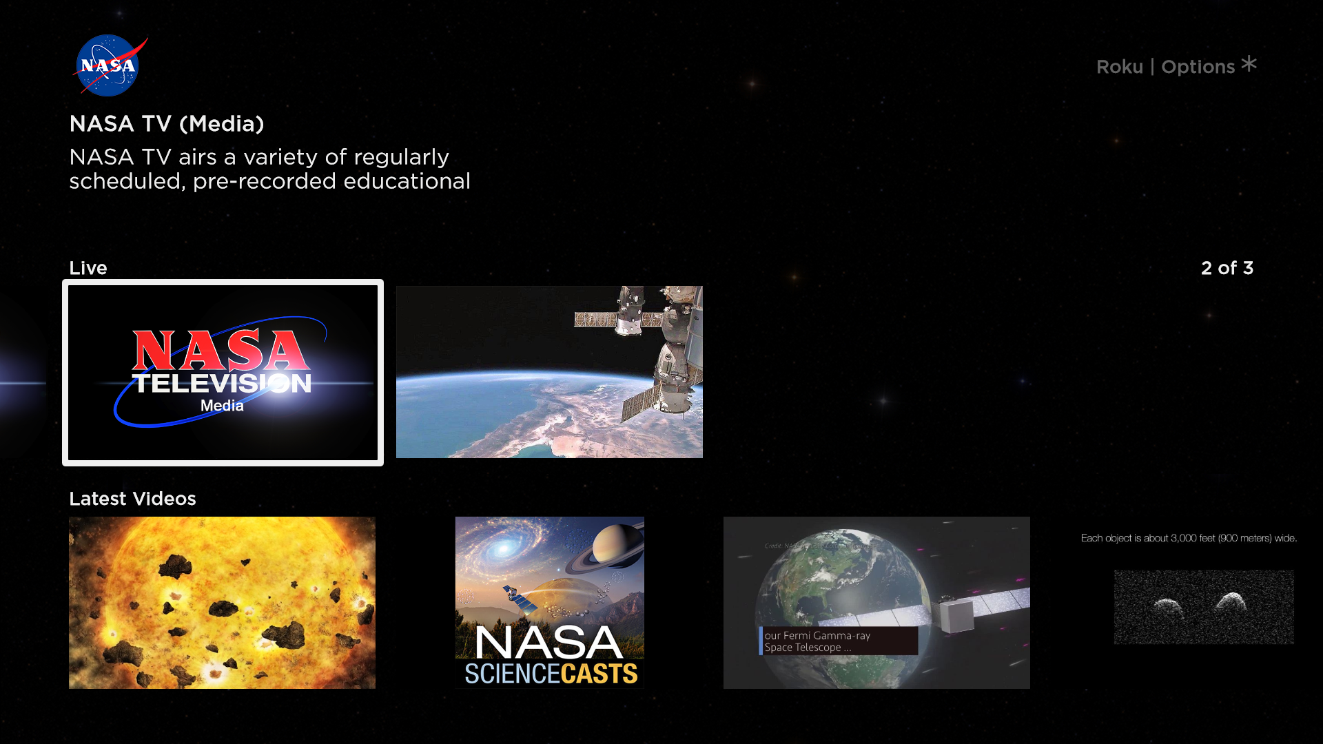 Screenshot of the NASA app for Roku.