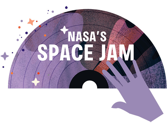 Illustration of a hand touching a record with the words "NASA's Space Jam" written across it.