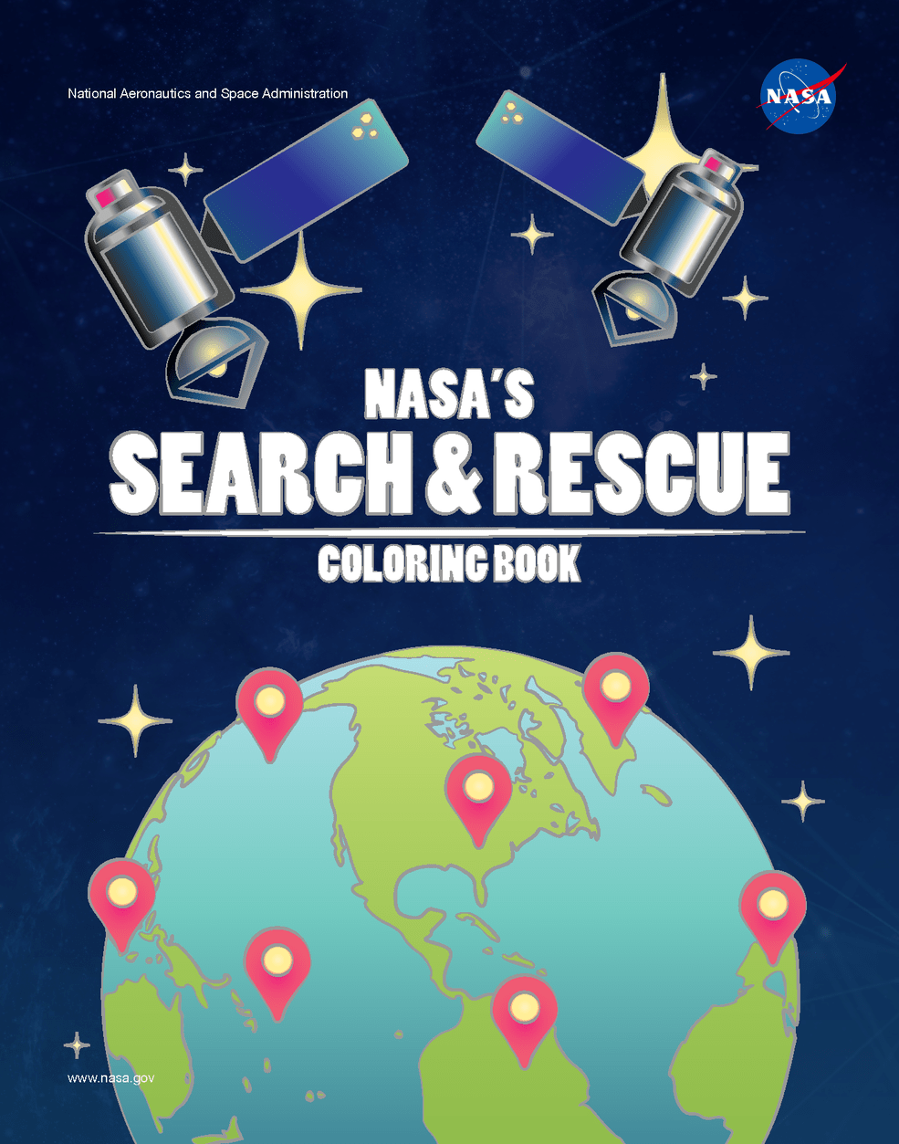 Illustration o the Earth with two satellites orbiting above. The text reads "NASA's Search & Rescue Coloring Book"