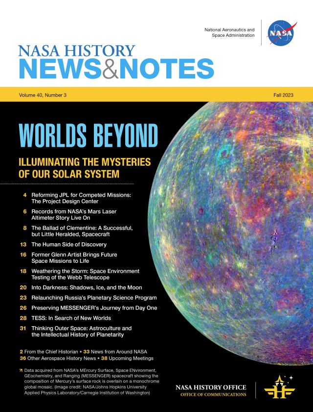 Front page of NASA History News and Notes, Fall 2023 edition with the heading Worlds Beyond and featuring an image of Mercury.