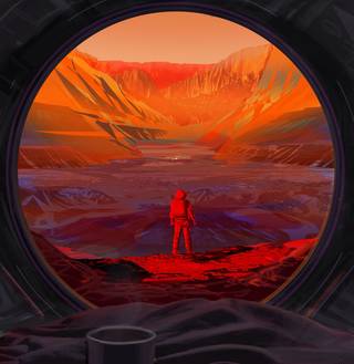 This artist's concept shows an astronaut on Mars, as viewed through the window of a spacecraft. NASA is returning astronauts to the Moon and will test technology there that will be useful for sending the first astronauts to the Red Planet.