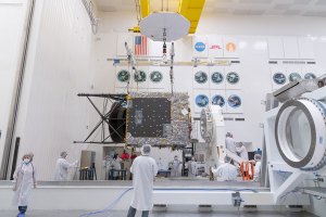 Taken on March 28, 2021, this photo shows the Solar Electric Propulsion (SEP) Chassis just after it was delivered to JPL by Maxar Technologies. Here, the chassis is about to be attached to the dolly in High Bay 1 of JPL’s Spacecraft Assembly Facility. Maxar’s team in Palo Alto, California, designed and built the SEP Chassis, which includes all the primary and secondary structure and the hardware components needed for the high-power electrical system, the propulsion system, the thermal system, guidance and navigation sensors and actuators, and the high-gain antenna.